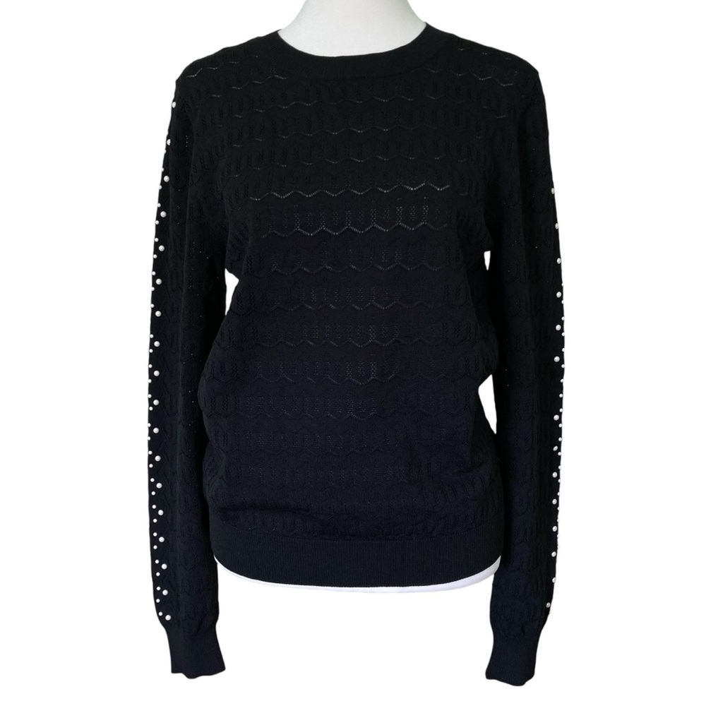 Current Air Los Angeles Black Pointelle Knit Sweater Pearl Detail (Size L)